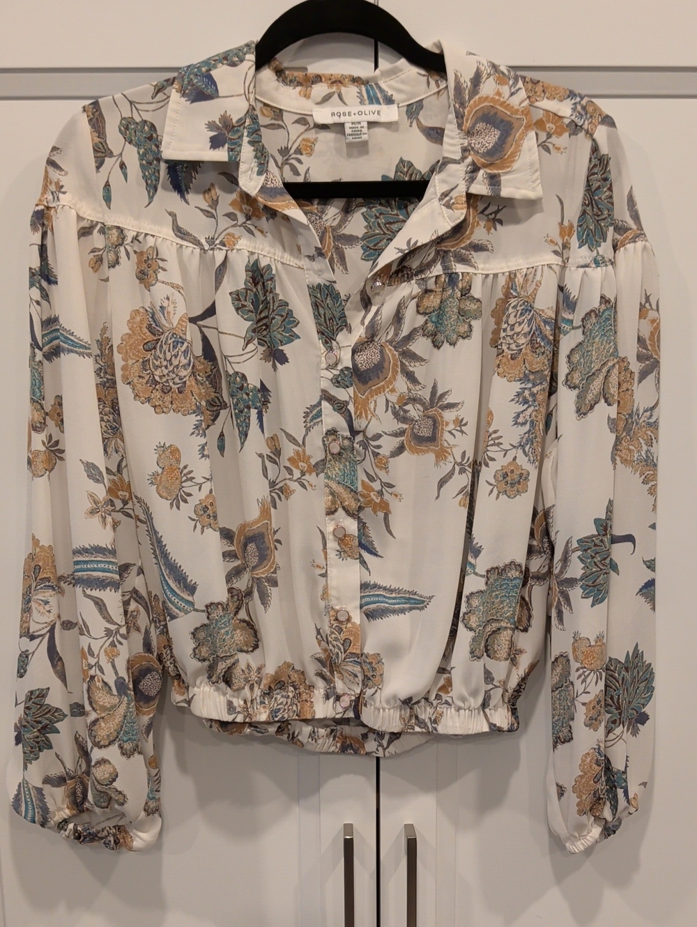 Rose & Olive Cream Floral Button-Up Blouse with Blue and Tan Accents M&S Vintage